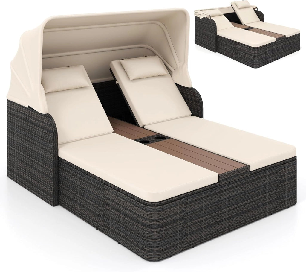 Letto Prendisole Matrimoniale per 2 Persone, Lettino da Giardino in Rattan con Tetto Retrattile e Schienali Regolabili, Isola Prendisole con Tavolino e Portabicchieri per Relax (Grigio)