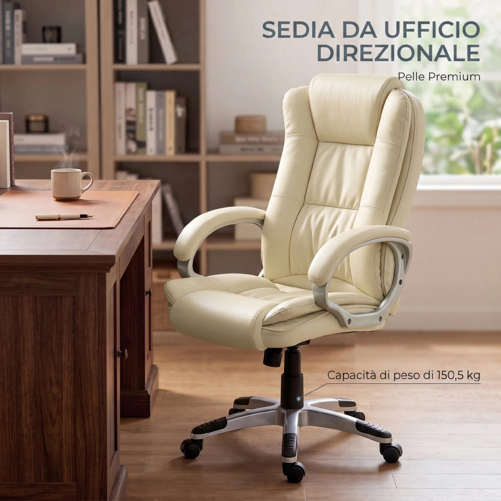 Sedia da Ufficio Girevole 65x68x112-122 cm con Funzione Dondolo Schienale Alto in Pelle PU Beige