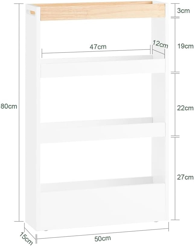 Carrello Cucina Salvaspazio con Ruote 15cm Larghezza – Mobiletto Cucina Stretto con 3 Ripiani, Scaffale Cucina e Portaoggetti per Bagno o Ufficio, Bianco ed Effetto Legno 80x15x50cm NSR12-W