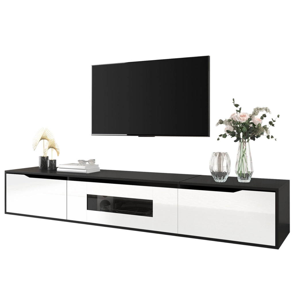 Mobile TV basso 180 cm nero e bianco con LED USB, finitura lucida