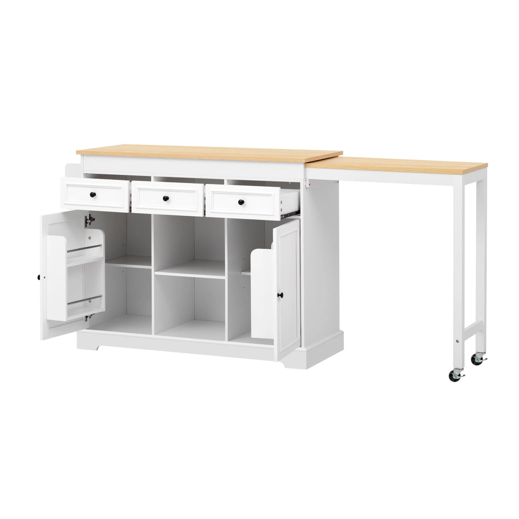 Mobili da cucina, isola da cucina, tavolo da pranzo allungabile, con rotelle, 3 cassetti, finitura effetto legno, bianco e color legno naturale