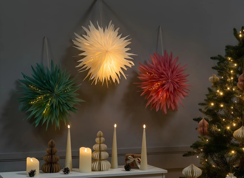 Set di 3 stelle sospese multicolori in carta 3D con luci LED