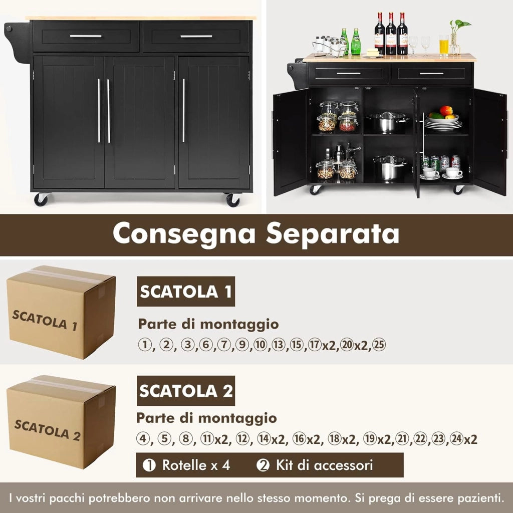 Carrello da Cucina, Carrello di Servizio con Ruote e Maniglia, 3 Ante e 2 Cassetti, Ideale per Cucina Ristorante Bar, 122x46x92,3 cm (Nero)