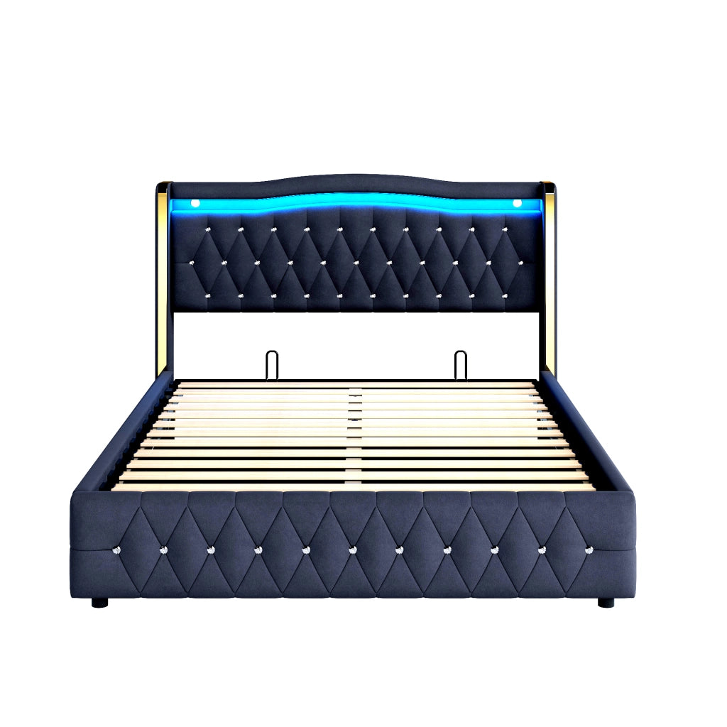 Letto contenitore 140 × 200 cm 2 posti con LED multicolore e vano idraulico, senza materasso, velluto nero