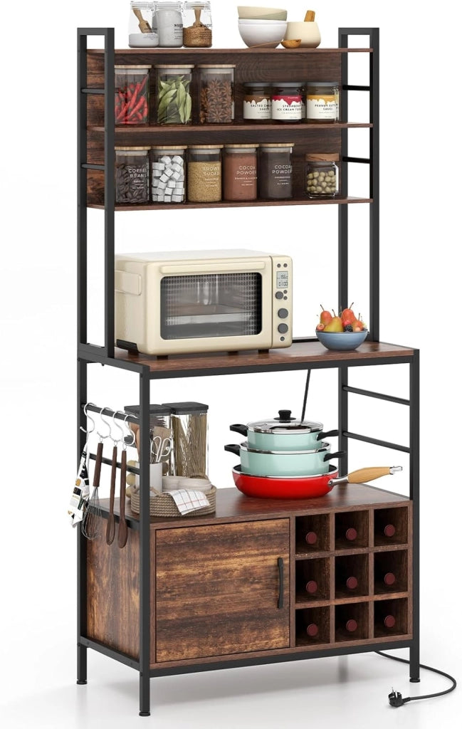 Scaffale da Cucina con Multipresa, Scaffale per Microonde su 5 Ripiani, Mensola da Cucina con 4 Ganci e 9 Portabottiglie di Vino per Sala Pranzo, 107 x 37 x 160 cm (Nero)
