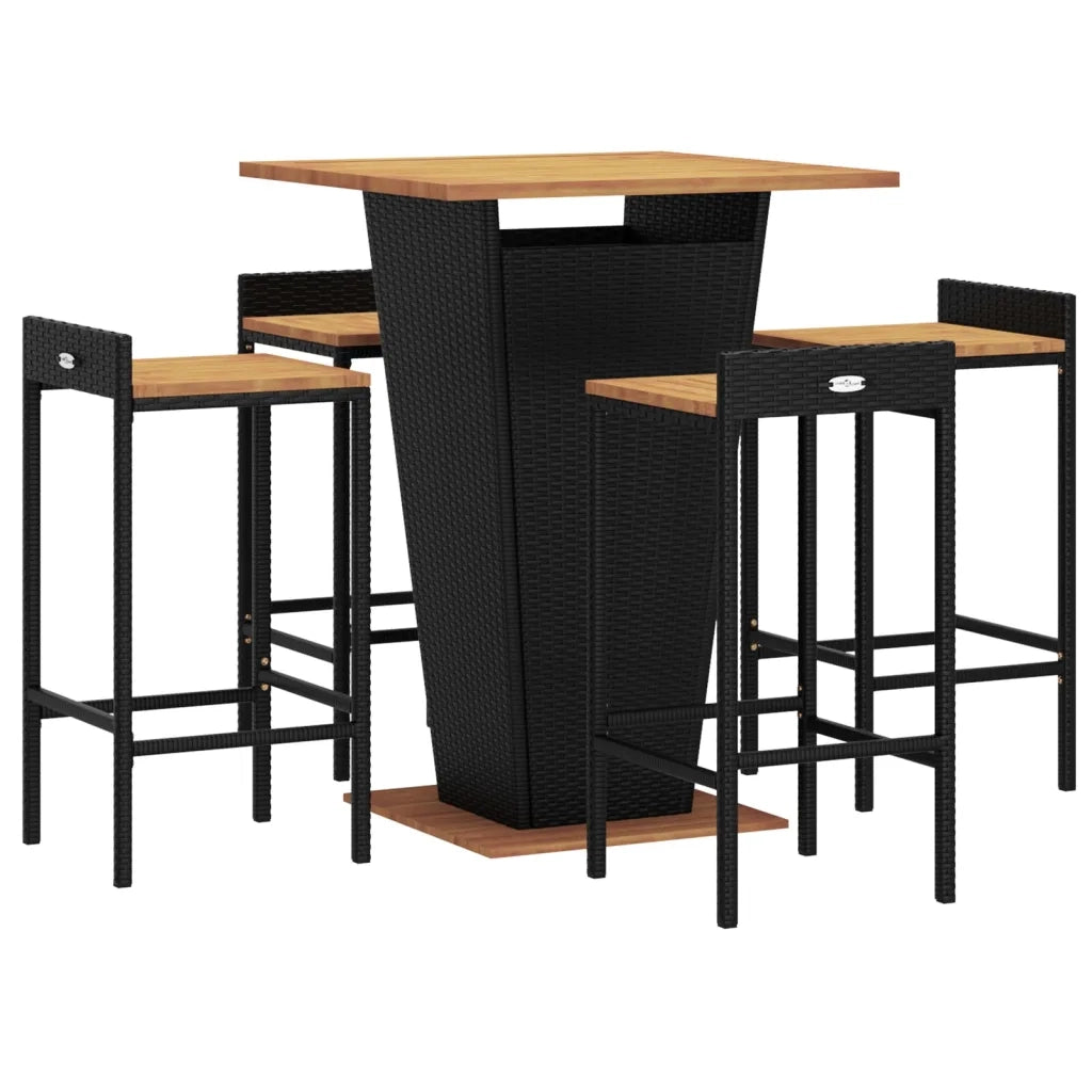 Set Bar Giardino 5 pz Nero Polyrattan e Legno Massello Acacia