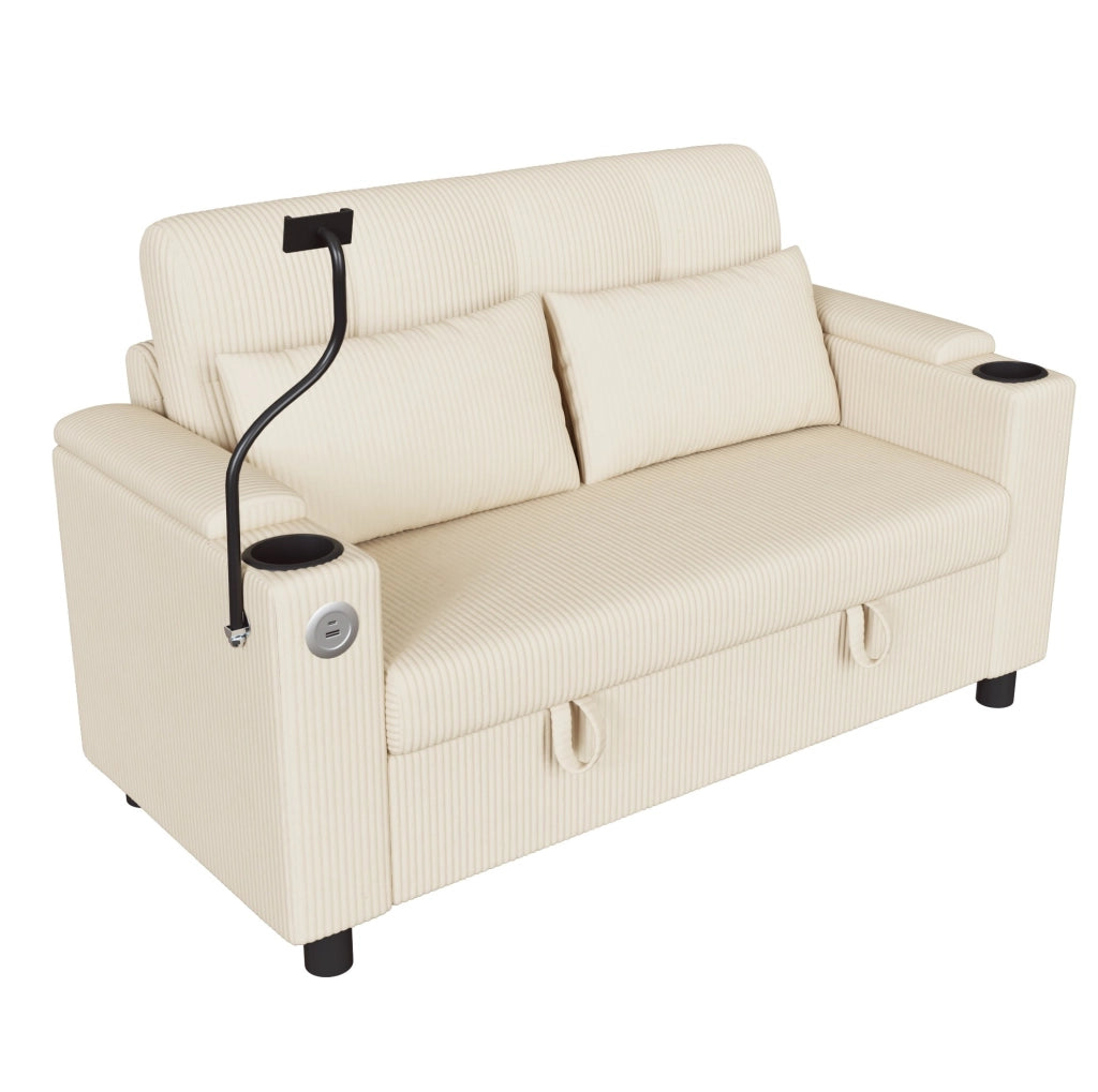 Divano 2 posti con contenitore; USB/Type-C e portabevande in velluto a coste beige HOMVRA