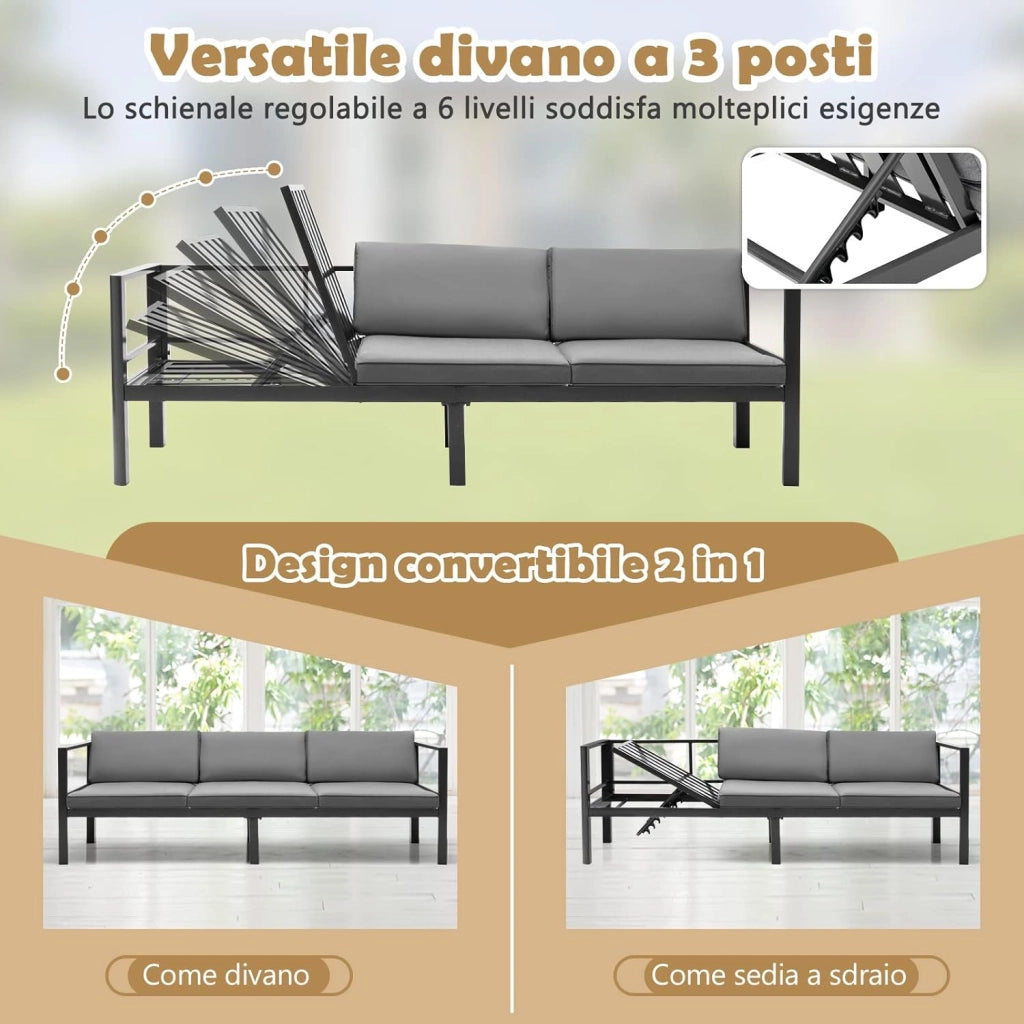 Set di Divani in Alluminio per Patio, Divano a 5 Posti con Schienale Reclinabile a 6 livelli, con Tavolino e Cuscini per Sedili e Schienale, Ideale per Giardino e Piscina, Grigio