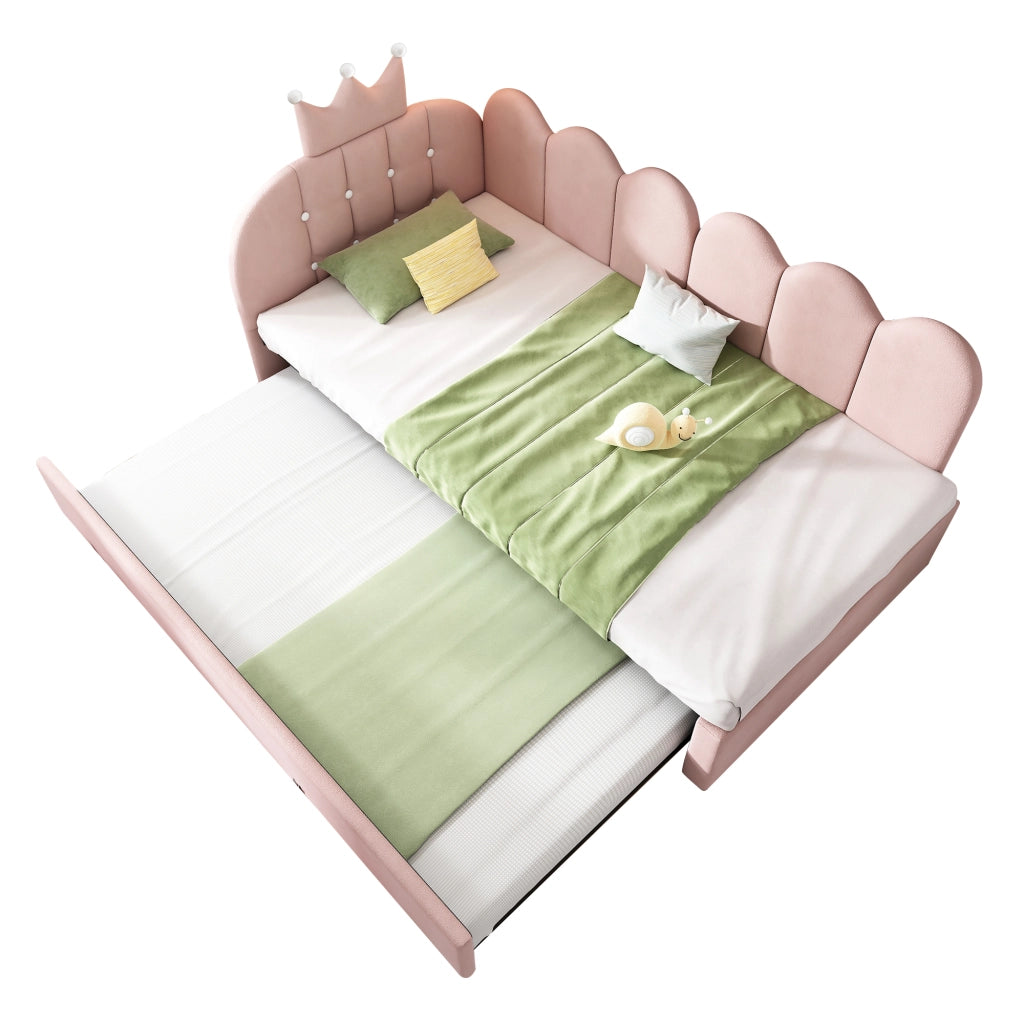 Letto daybed con letto estraibile 90x200 cm in velluto rosa, design corona, per cameretta e ospiti