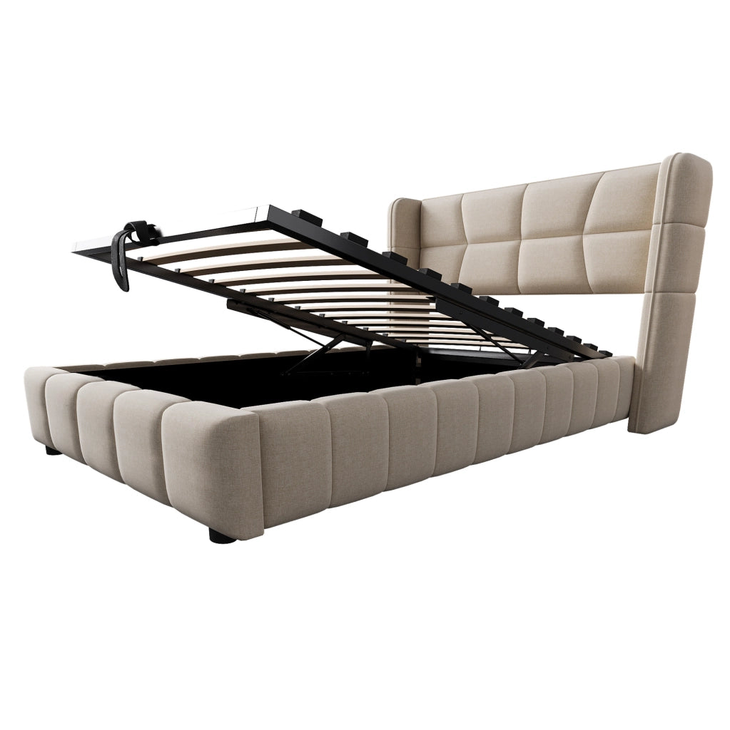 Letto singolo imbottito ULEVR 90x200 cm con vano contenitore sollevabile e testiera, beige