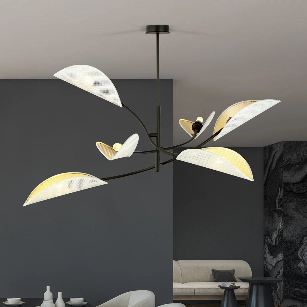 Sospensione Nordica 6 Luci Ares In Acciaio Nero Bianco E Oro Bracci Regolabili