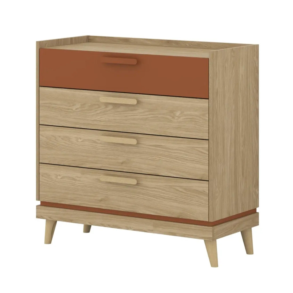 Set camera NOKI – Letto 160x200 + armadio 3 porte + cassettiera + comodino – Rovere chiaro e moka stile scandinavo