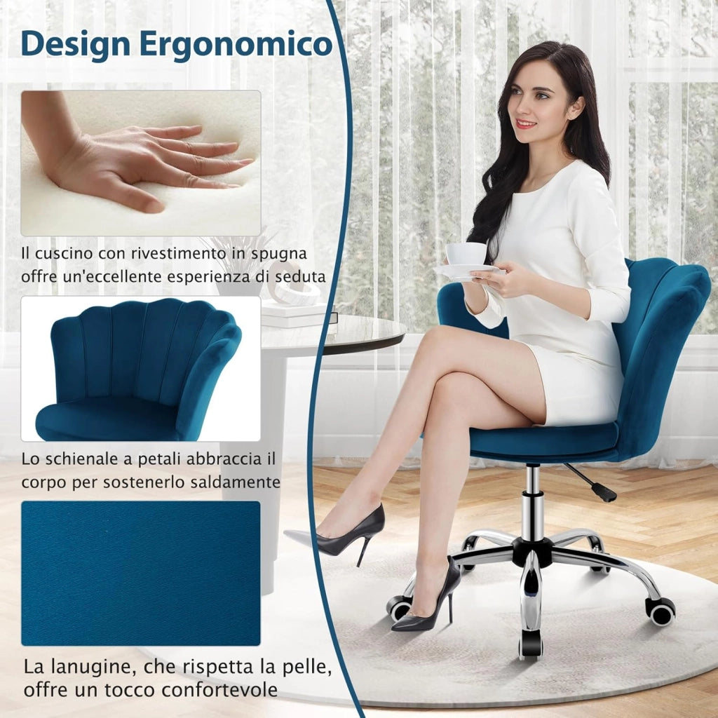 Sedia da Scrivania in Velluto, Poltrona Girevole con Altezza Regolabile, con Schienale a Forma di Petalo e Ruote, per Casa Ufficio, Carico Massimo 150 kg (Blu)