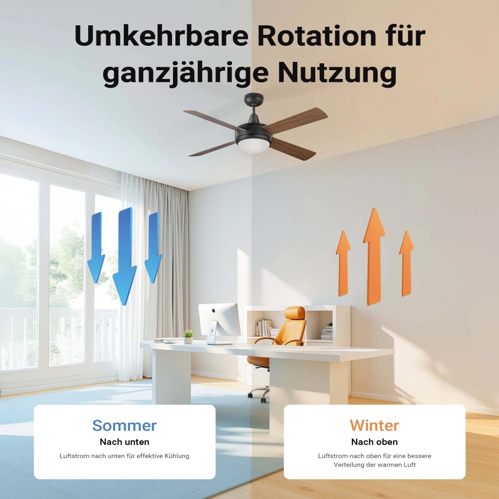 Ventilatore da soffitto Ø 122 cm con 4 pale, lampadario ventilatore con 3 velocità, telecomando, timer, modalità estiva e invernale, 53 W
