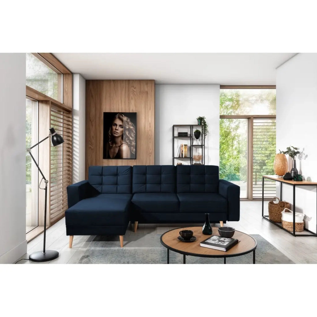 Divano angolare trasformabile HASGARD 3 posti blu scuro 248x162 cm - con contenitore e piedi in legno
