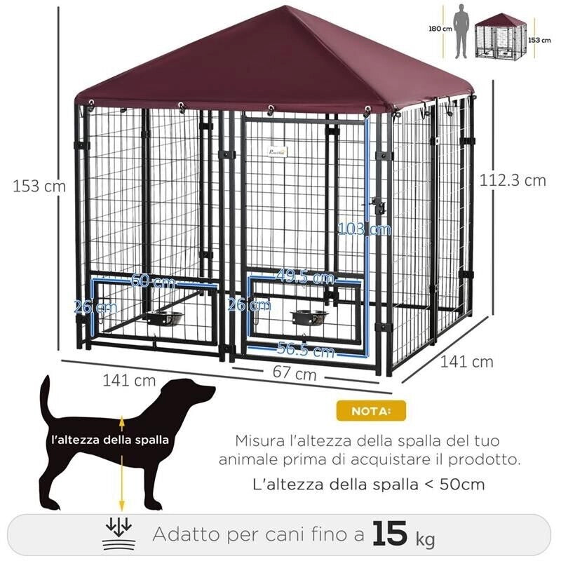 RECINTO PER CANI DA ESTERNO CON SERRATURA, 2 CIOTOLE GIREVOLI E COPERTURA RIMOVIBILE, NERO E ROSSO