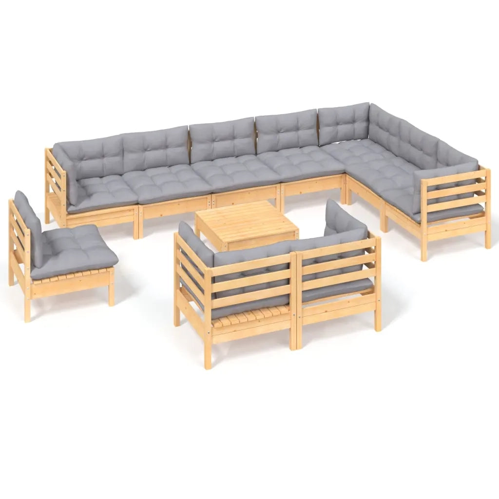 Set Divani da Giardino 11 pz con Cuscini Grigi Massello di Pino 3096784