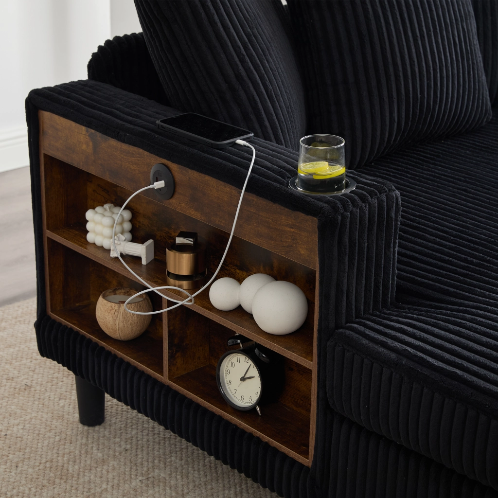 Divano Angolare con Chaise Longue e Contenitore ¨C MINIMAL ¨C Velluto a Coste, LED, USB