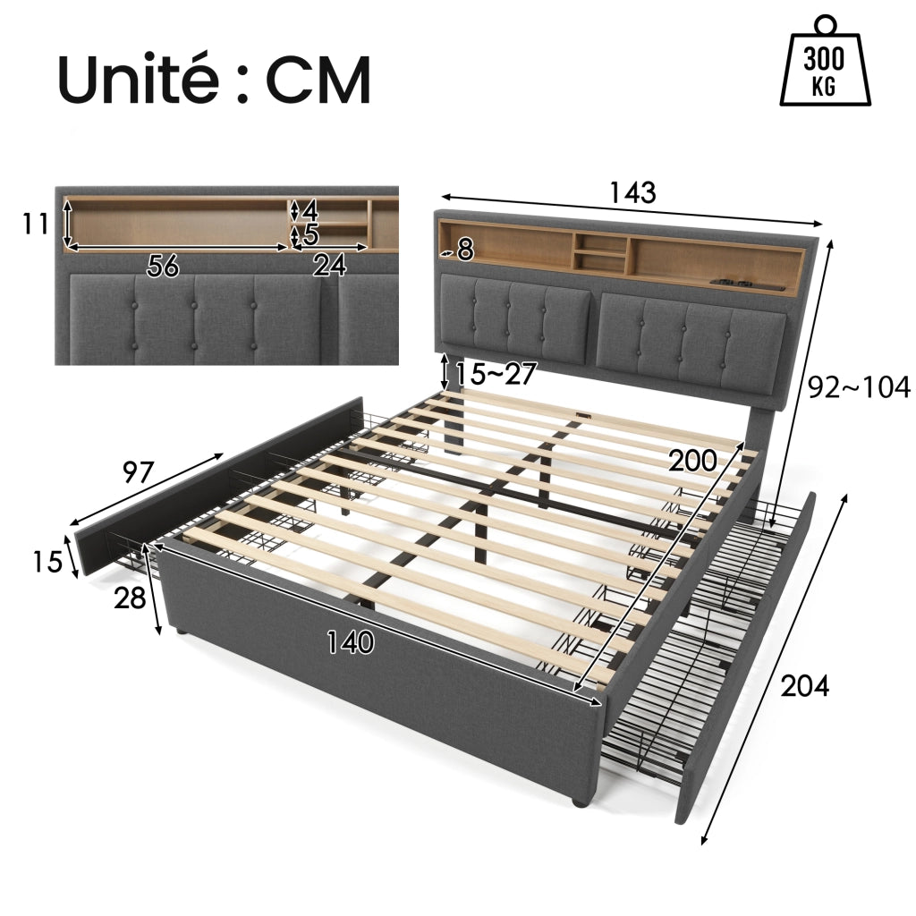 OKWISH Letto con Cassetti Letto Matrimoniale, 4 Cassetti, USB, Tipo C e Prese, 140×200 cm, senza Materasso, in Lino, Grigio