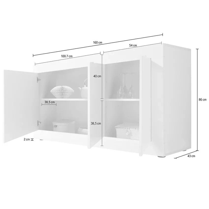 Madia Introbio, Credenza 2 Ripiani, 160x42x85.8h cm Bianco Lucido