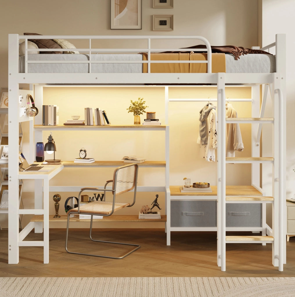 Letto a soppalco 90x200 cm con scrivania; ripiani; cassetti in tessuto; LED e USB; bianco