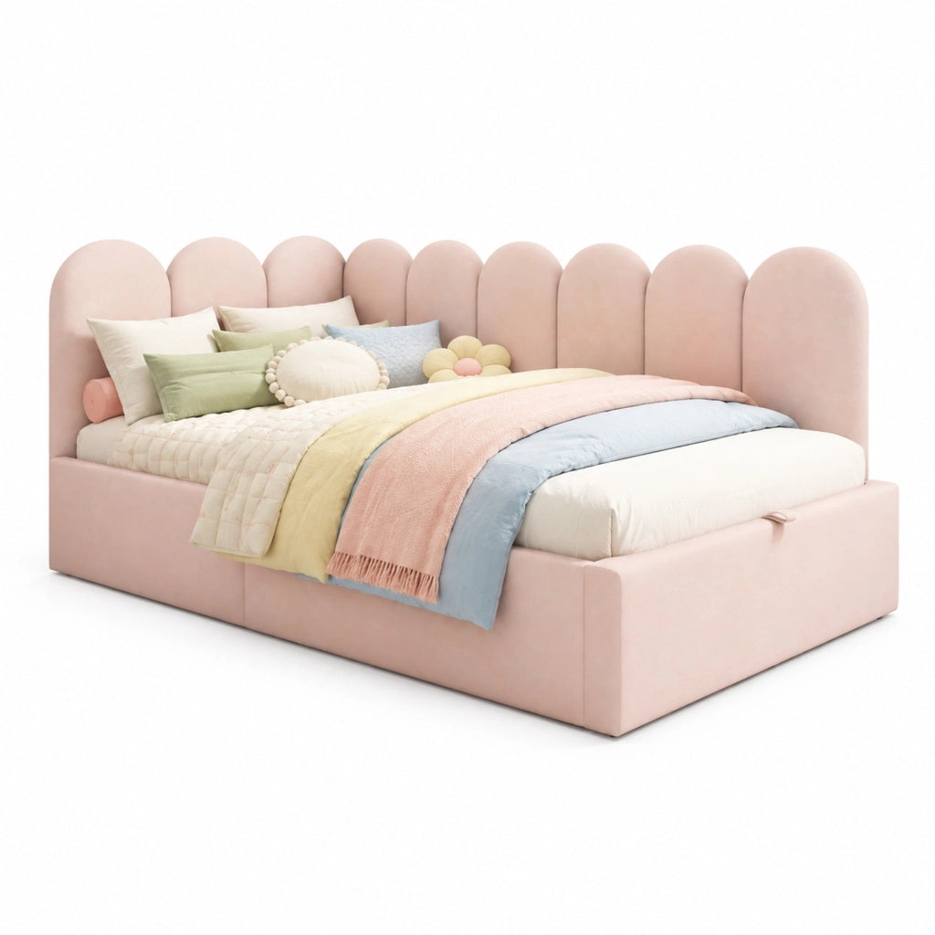 Letto daybed 90x200 cm in velluto rosa con contenitore idraulico e rete in metallo