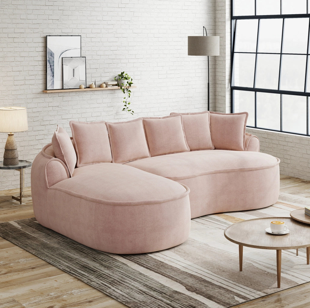 Divano modulare senza struttura in chenille rosa con chaise longue; 252x164x67 cm