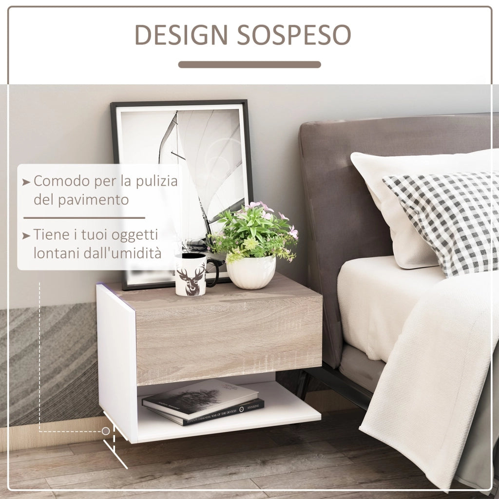 EasyComfort Set di 2 Comodini Sospesi a Parete con Cassetto e Mensola, Arredamento Moderno Camera da Letto, Bianco e Rovere