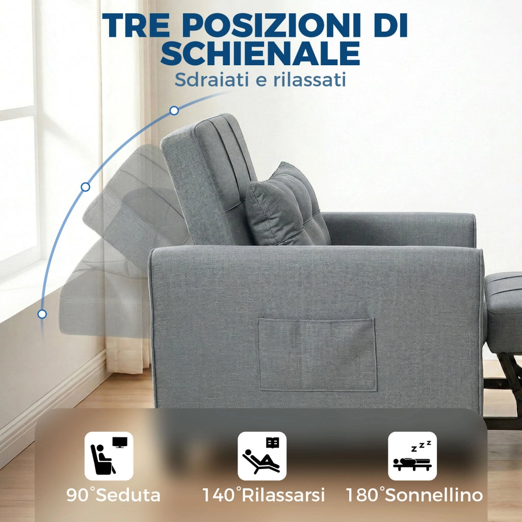 Divano Letto Pieghevole Convertibile 69x82x85 cm con Schienale Regolabile e Cuscino in Tessuto Effetto Lino Grigio