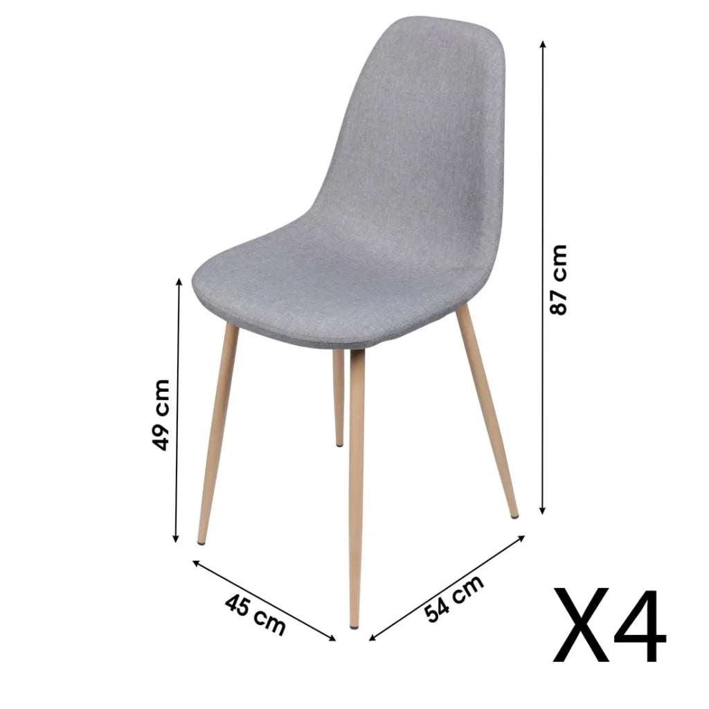 Set di 4 sedie in tessuto grigio chiaro con gambe in metallo effetto legno - 45x87x54 cm, altezza seduta 49 cm - Collezione NORDICA