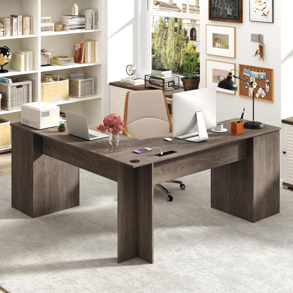 Scrivania ad Angolo a Forma di L, Scrivania per Studio in Legno con 2 Cassetti, Tavolo per computer per Ufficio Studio, 168 x 168 x 76 cm (Grigio)