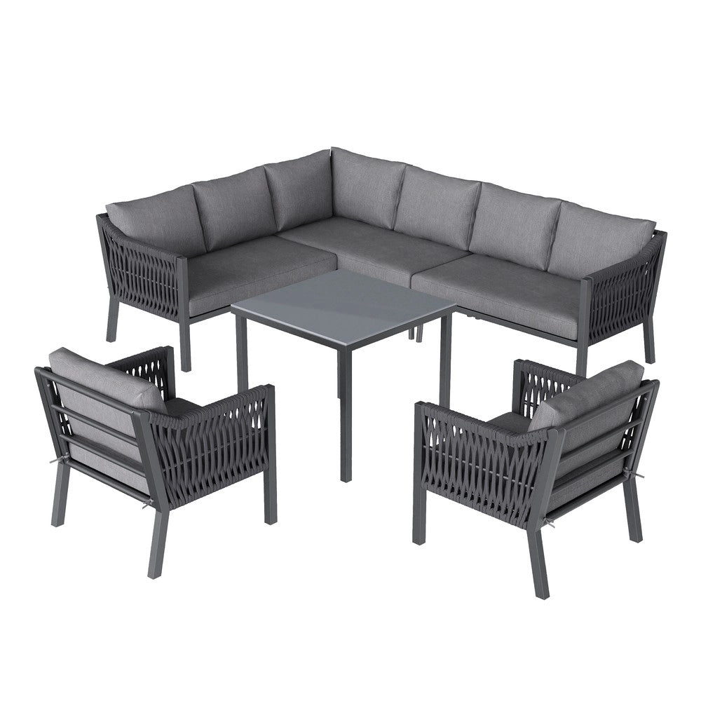 Set da Giardino 8 Posti con Tavolo in Vetro e Divano ad Angolo ¨C Xylo ¨C Grigio, Ferro, Corda