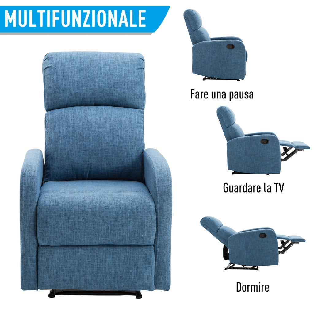 Poltrona Relax Reclinabile in Tessuto di Lino Blu