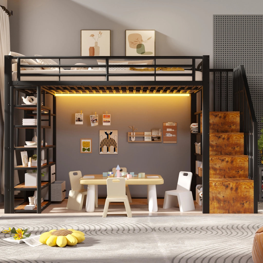 Letto a soppalco 90x200 cm con cassetti in tessuto; spazio sottostante; LED; ripiano; gradini e parapetto; metallo nero