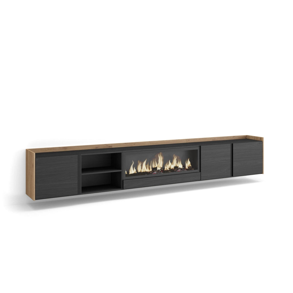 Mobile TV Soggiorno, 315x50x35 cm, Per TV fino a 80", Camino elettrico XXL, Sospeso, da appendere, Nero e rovere