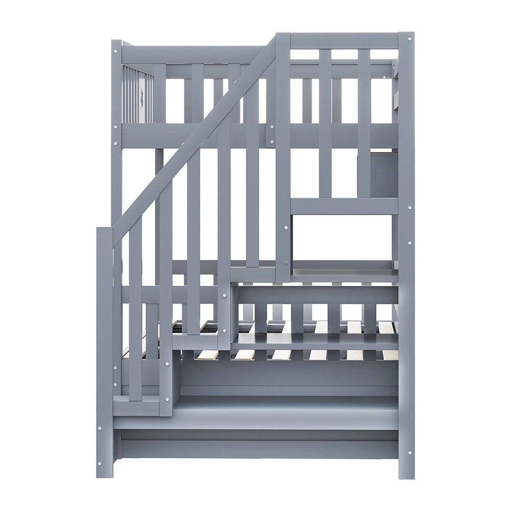 Letto a Castello Legno Ragazzi – Xylo – 90x200cm Grigio, Base Idraulica, Scala con Ripostiglio, Scaffali