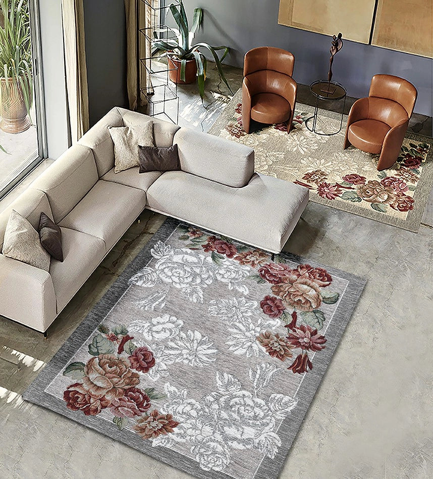 Coppia tappeti floreali BLOOM GRIGIO cm.65x110 disegno moderno con fiori, multiuso lavabile antiscivolo