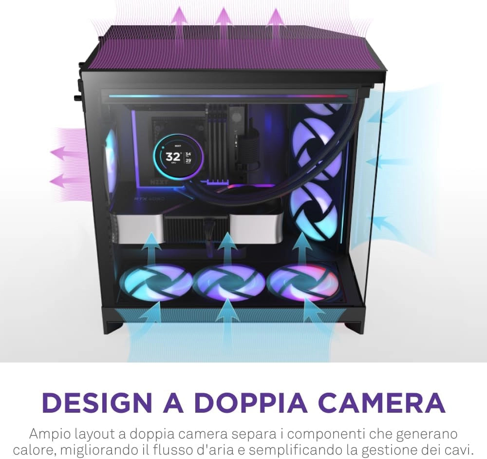 H9 Flow RGB+ (2025) – Grande Case PC ATX Mid-Tower a Doppia Camera per Flusso d'Aria – Include 7 ventole RGB (6 x 140mm, 1 x 120mm) e hub di controllo – Nero