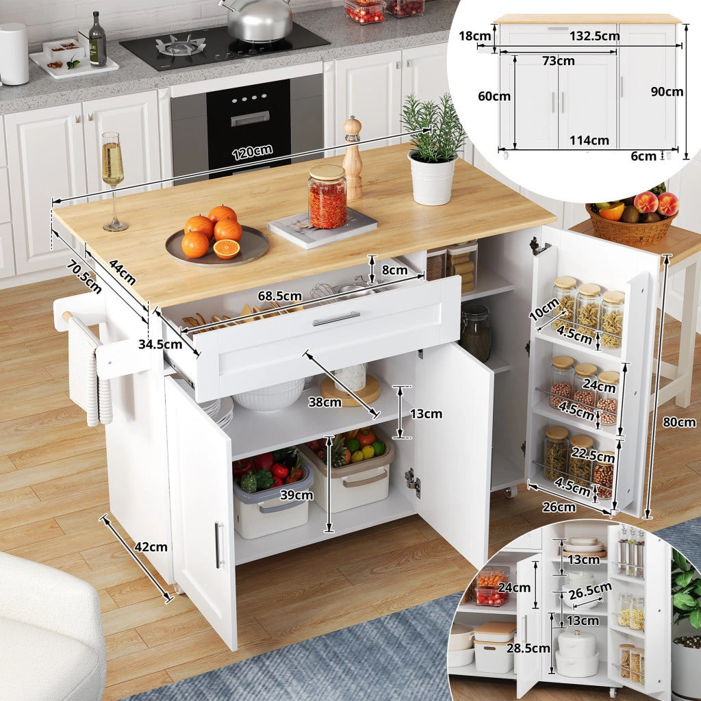 Carrello da Cucina con 2 Ante; 1 Cassetto; Ripiani Regolabili; Portasciugamani e 5 Ruote 132.5x44x90 cm