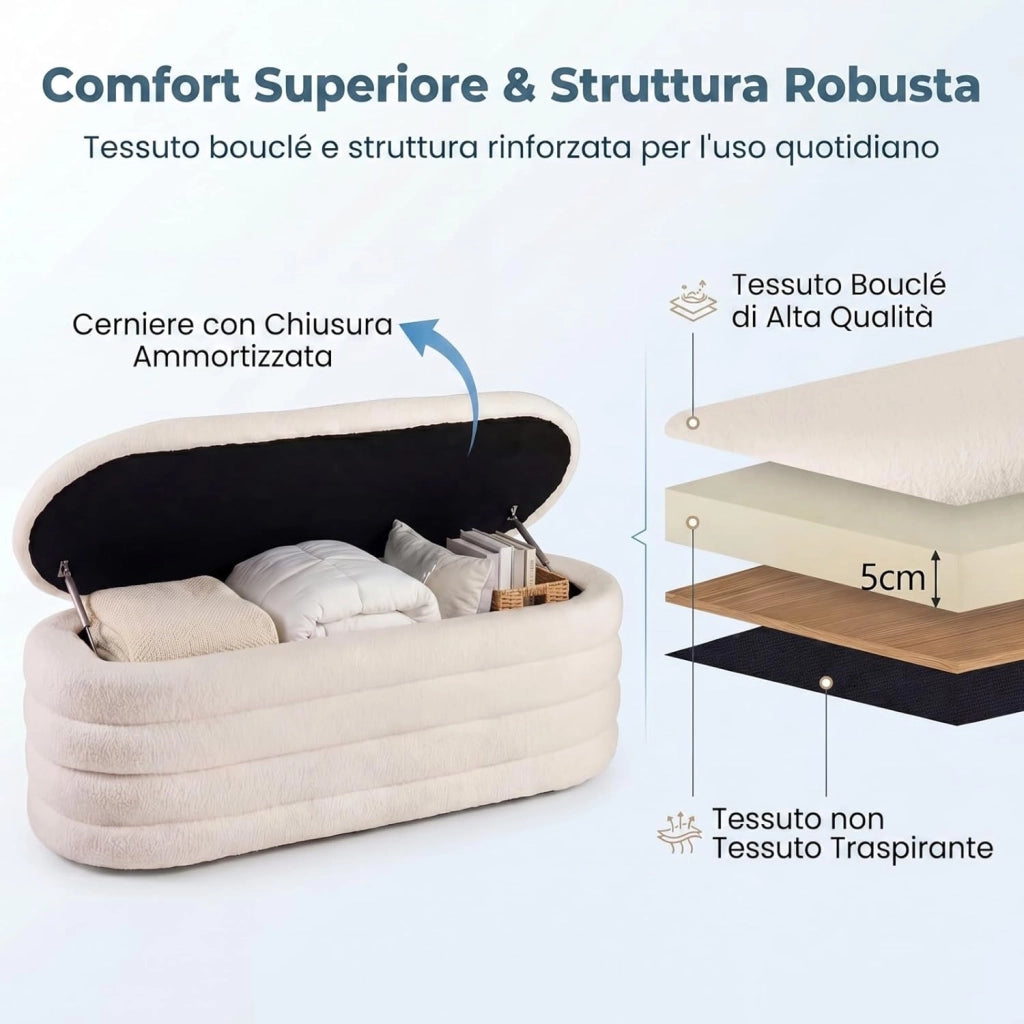 Poggiapiedi Contenitore con Ampio Interno da 108,5 L, Sedia Imbottito per Interno, Sgabello Portaoggetti per Camera da Letto, Soggiorno e Studio, 123,5 X 46 X 42,5 CM, Beige