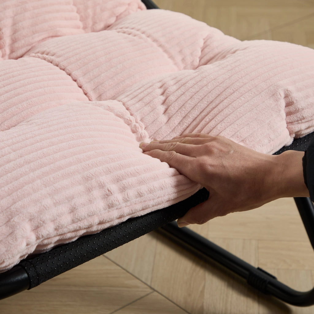 Poltrona relax con poggiapiedi e cuscino in acciaio per soggiorno in velluto a coste rosa