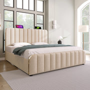 Letto contenitore 140x200 cm in lino beige con USB e Type-C, sollevamento idraulico –