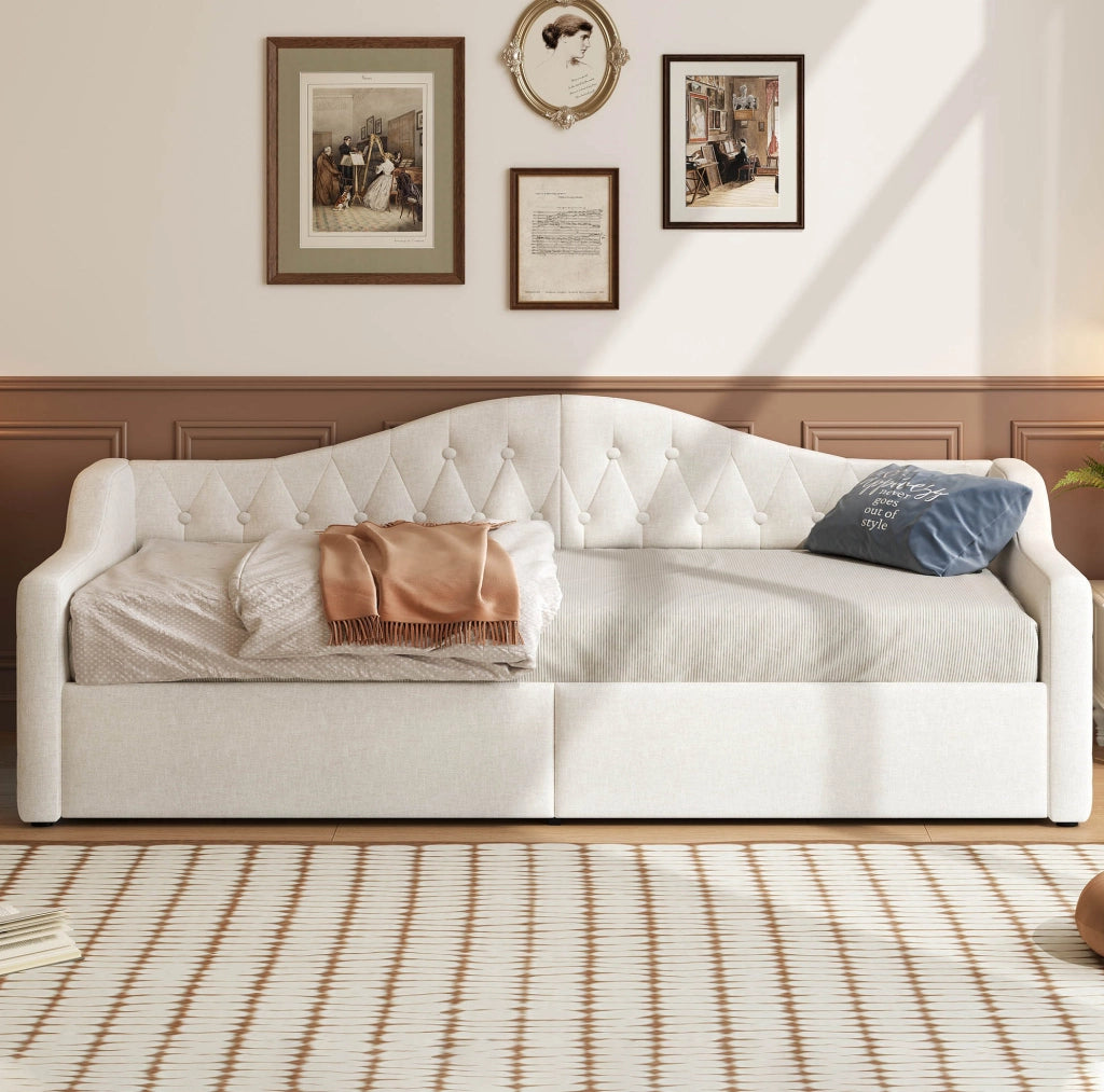 Divano letto 90x200 cm con contenitore e LED in lino beige