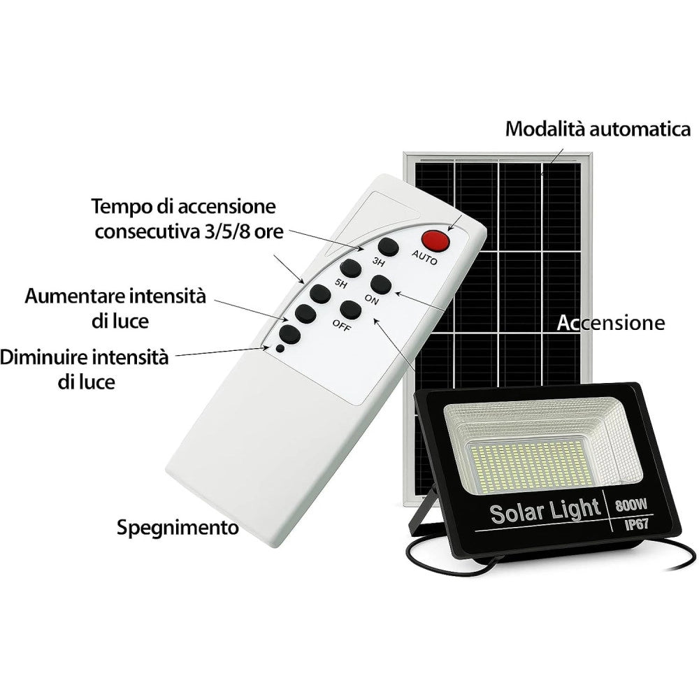 Trade Shop - Faretto Solare 800w Impermeabile Con Pannello Fotovoltaico E Telecomando -