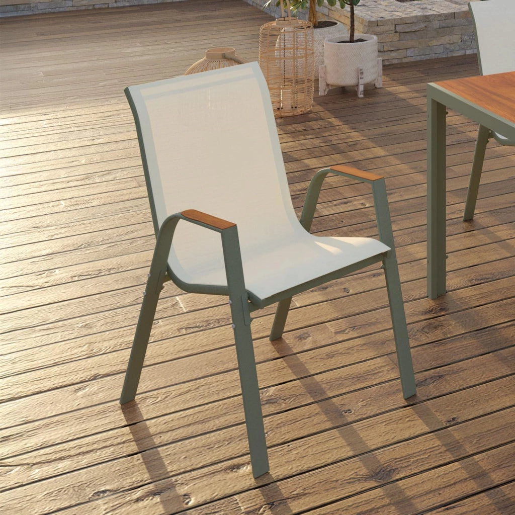 Set di 6 sedie da giardino impilabili NOUMEA in metallo e textilene in verde e legno