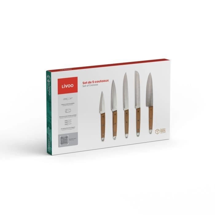 Set di 5 coltelli - LIVOO - MEC129 - Coltelli: chef, pane, cucina, affettare e sbucciare - Acciaio inossidabile - Manico in faggio
