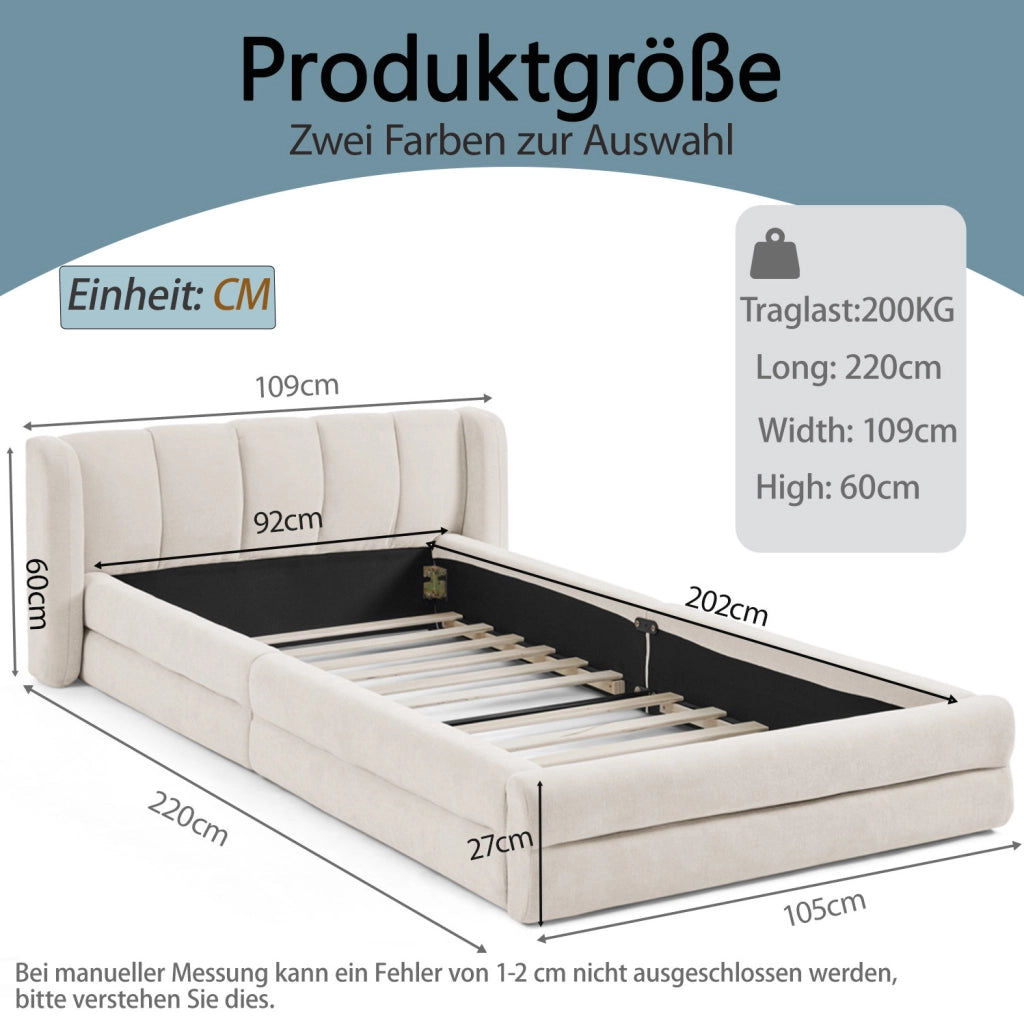 Letto 90x200 cm con testiera ergonomica e struttura stabile in chenille beige