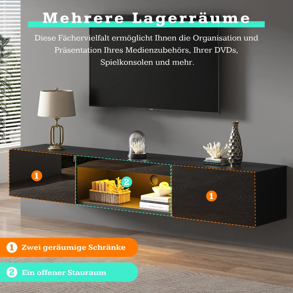 Mobile TV sospeso con 2 ante; vani aperti e LED - per soggiorno - 160x31x22 cm - nero