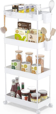 Carrello di archiviazione sottile con 4 livelli, carrello di archiviazione rotativo su ruote, tavolo di rete in metallo con maniglie ergonomiche per ufficio, bagno, cucina, lavanderia, spazi angusti, bianco