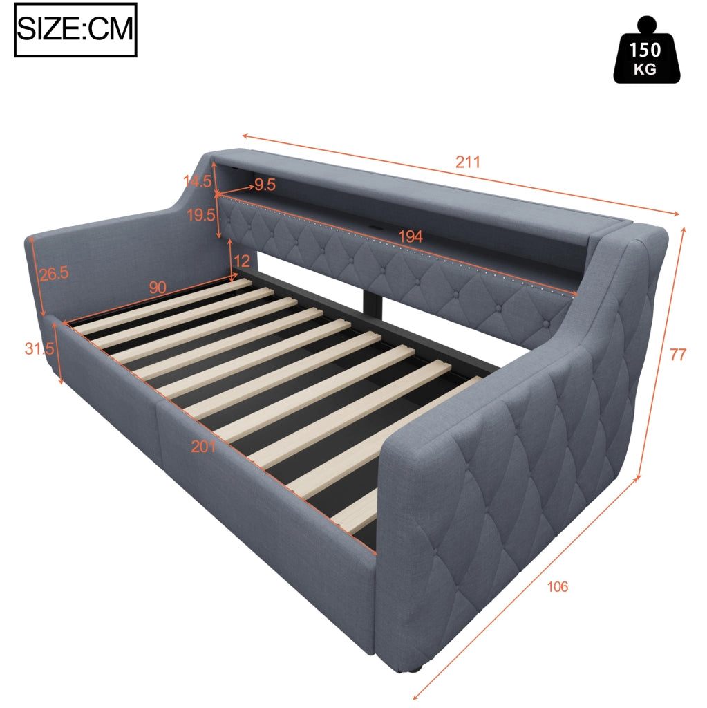 Letto daybed 90x200 cm con LED multicolore; contenitore idraulico; USB e USB-C; in lino grigio